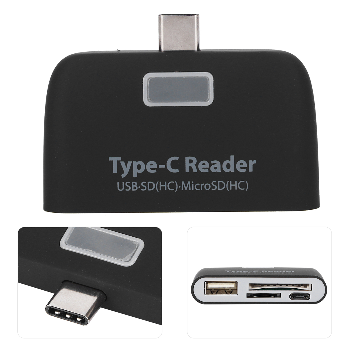 Schwarzer Typ-C-Leser mit USB- und MicroSD-Anschlüssen. Nahaufnahme zeigt den Typ-C-Anschluss.