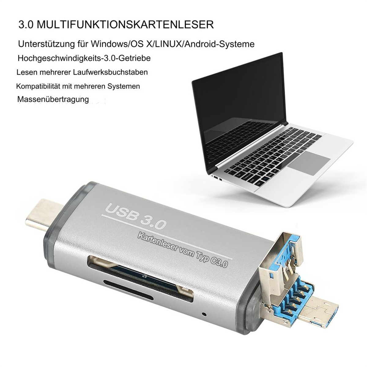 Silberner USB 3.0 Kartenleser mit Laptop. USB-C und USB-A Anschluss sichtbar.