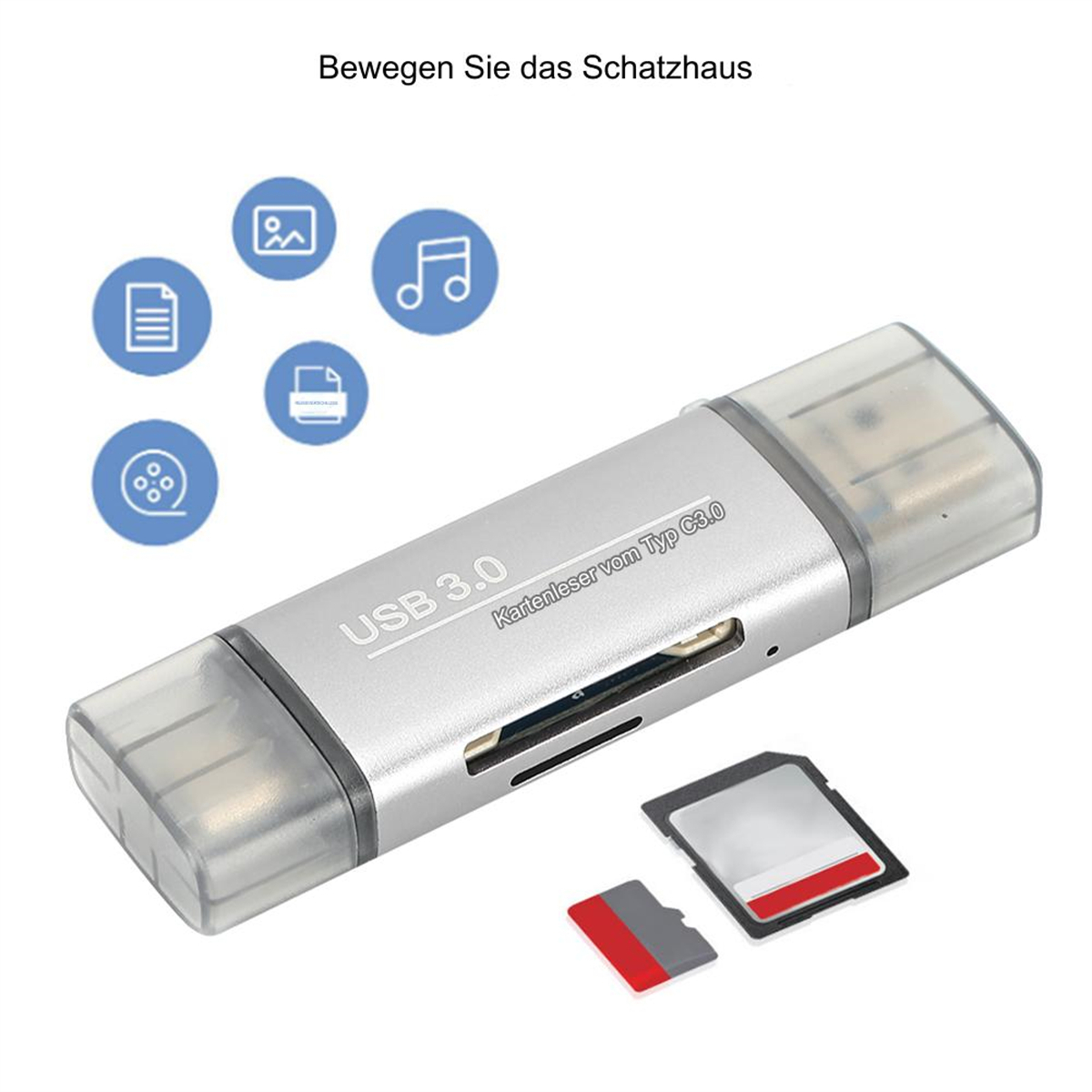 Silberner USB 3.0 Kartenleser mit SD-Karte und Micro-SD-Karte. Symbole für Medien oben links.