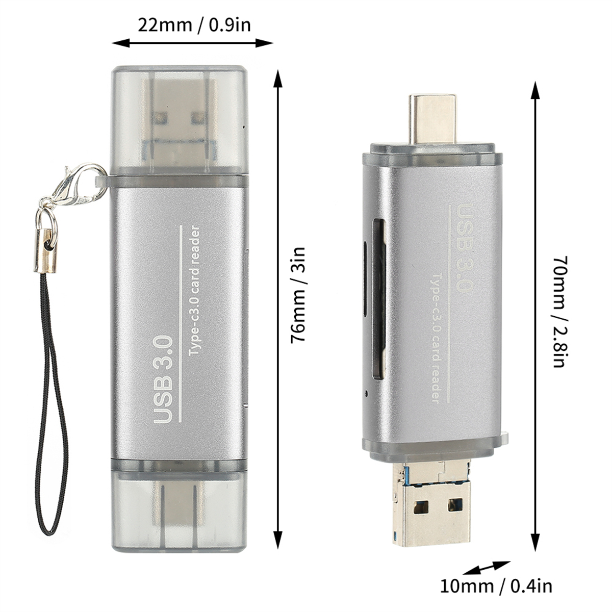 Zwei silberne USB 3.0-Kartenleser, einer mit offenem USB-Anschluss, Abmessungen und Details werden gezeigt.