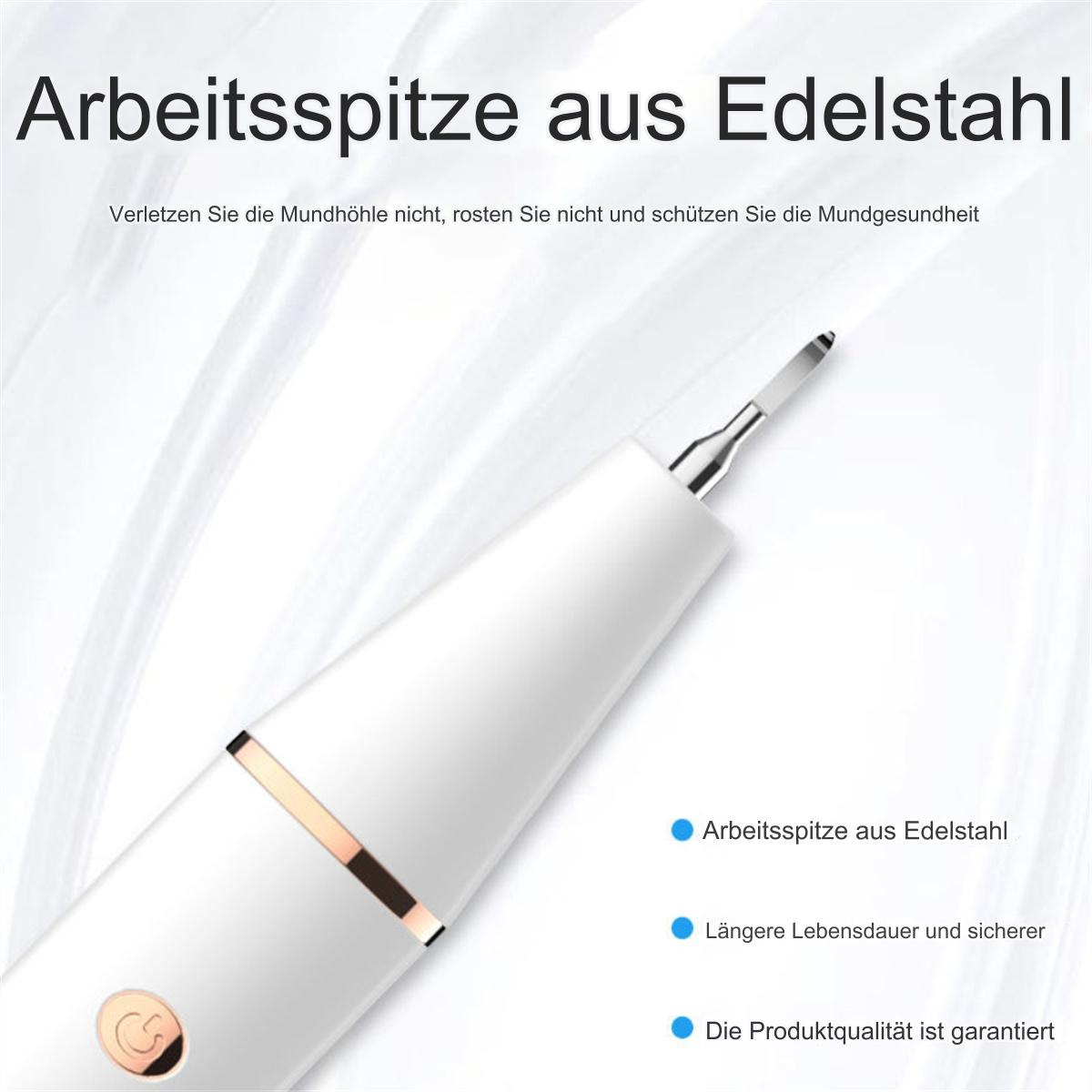 Zahninstrument mit Text auf Deutsch. Nahaufnahme der Spitze. Weißer Hintergrund mit Lichtreflexionen.