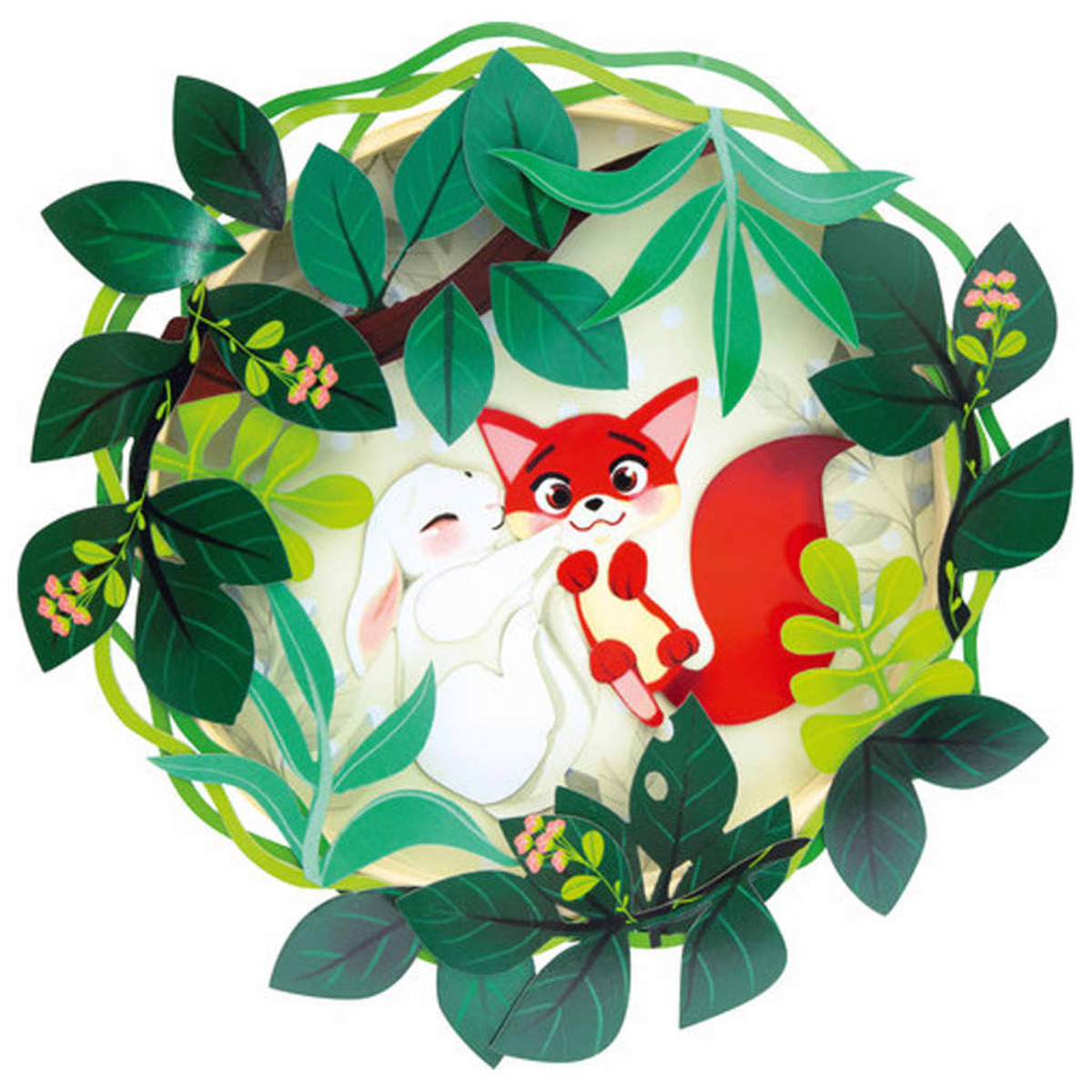 Rudzik i biały królik obejmują się w liściastej, okrągłej ramie.