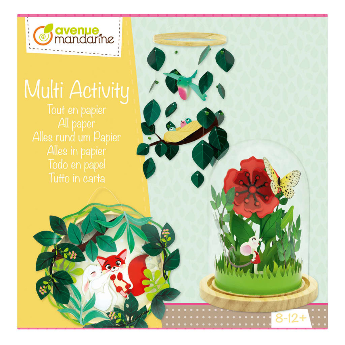 Zestaw rzemieślniczy do wielu aktywności z papierowymi wycinankami lisa, królika i mobilu z ptakami.