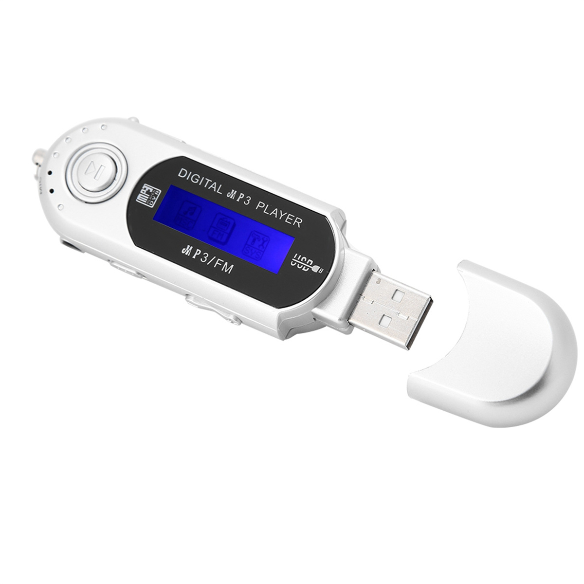 Weißer digitaler MP3/FM-Player mit geöffnetem USB-Anschluss auf weißem Hintergrund.