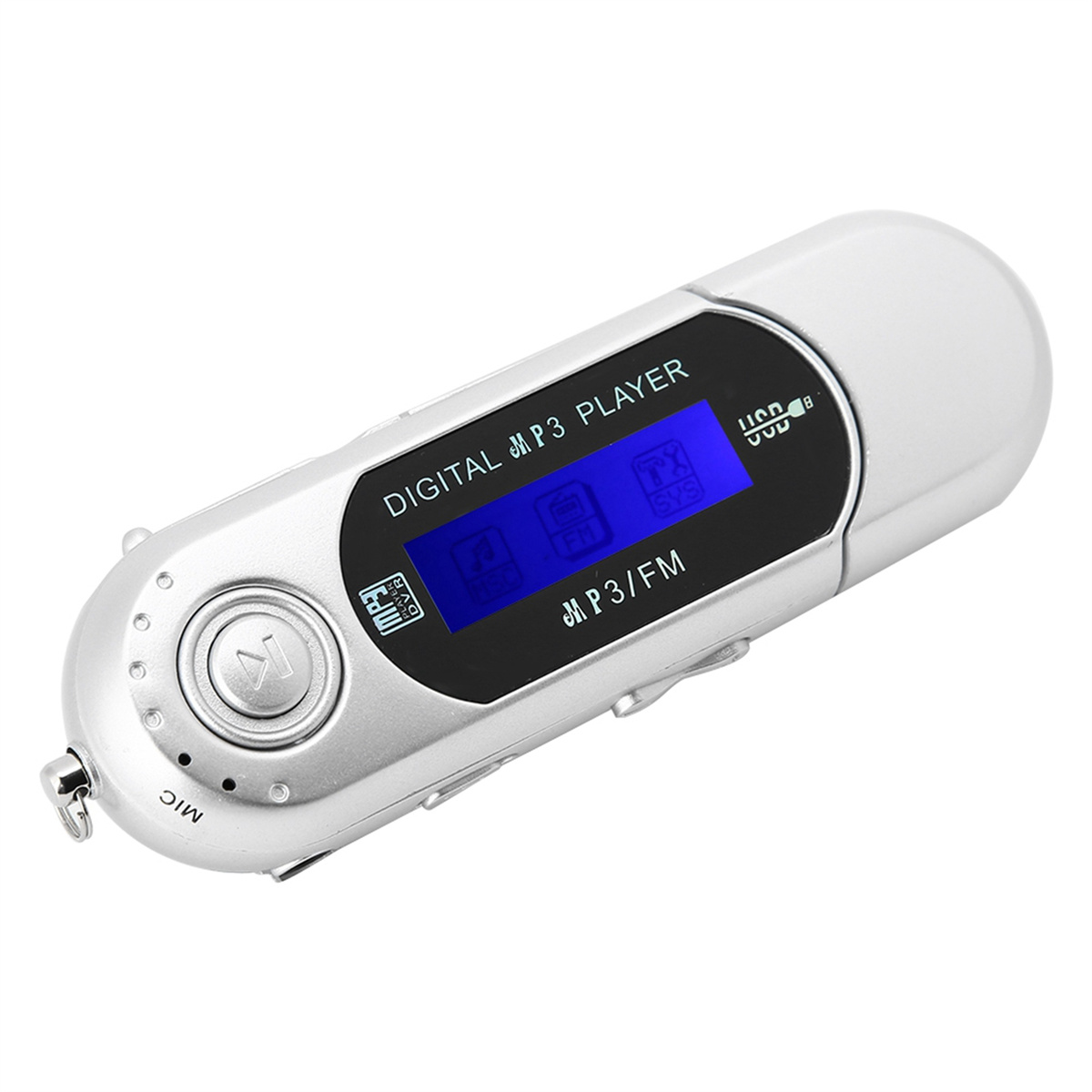 Silberner digitaler MP3-Player. Er hat einen Bildschirm, Knöpfe und einen Mikrofonanschluss. Das Display zeigt Symbole.