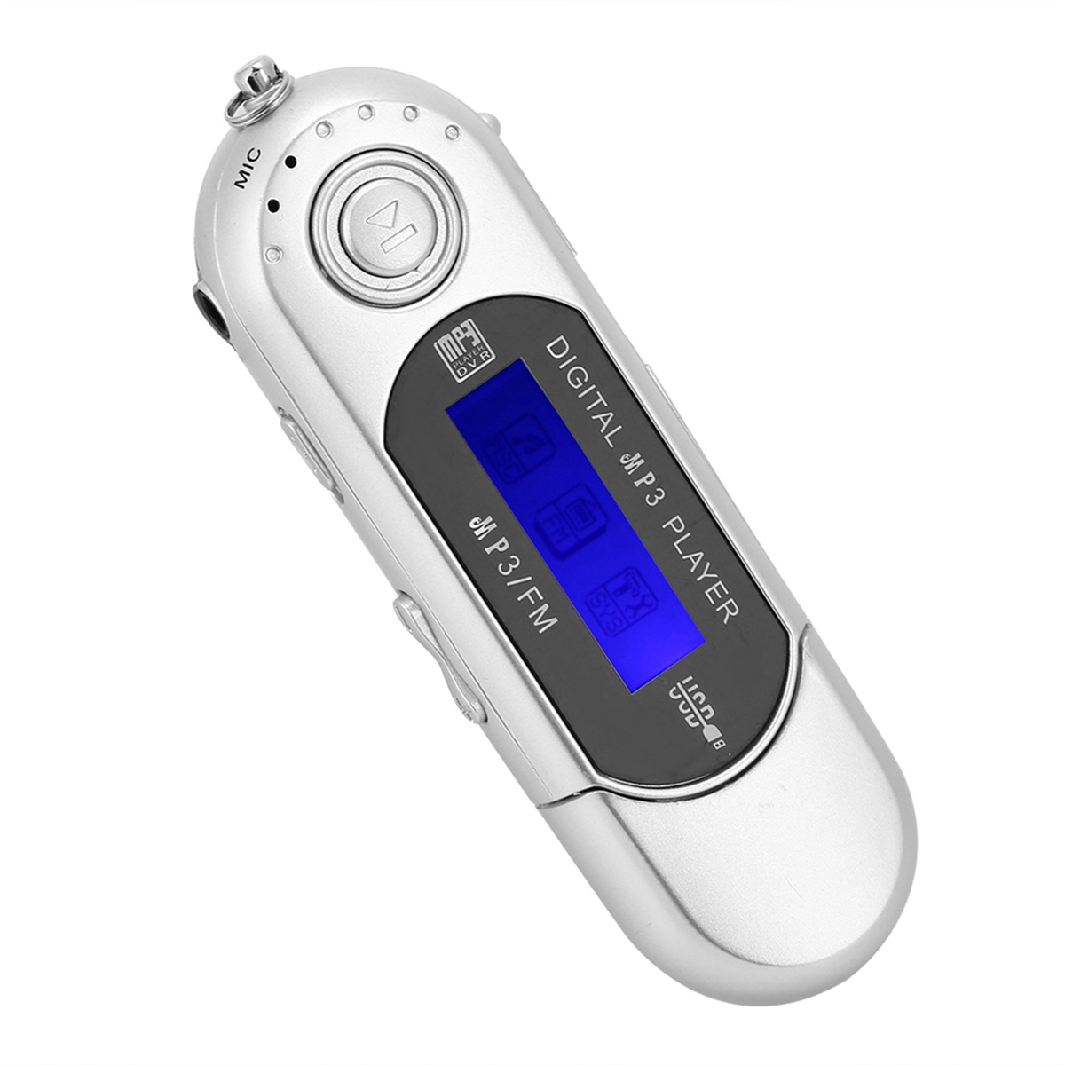 Ein silberner MP3-Player mit Bildschirm zeigt Informationen an. Das Gerät ist abgewinkelt.