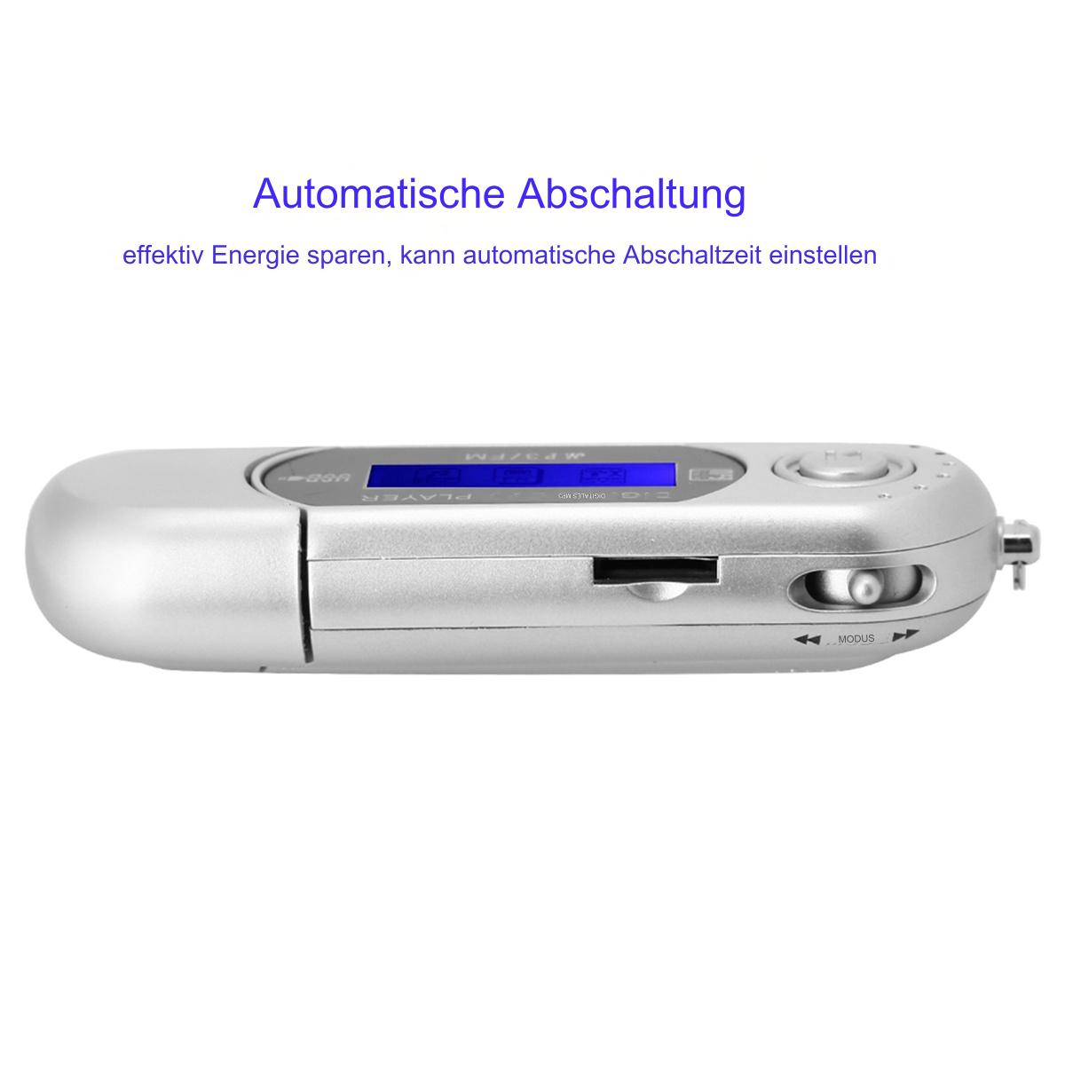 Silberner MP3-Player mit Bildschirm und Knöpfen. Es ist ein kleines, rechteckiges Gerät auf weißem Hintergrund.