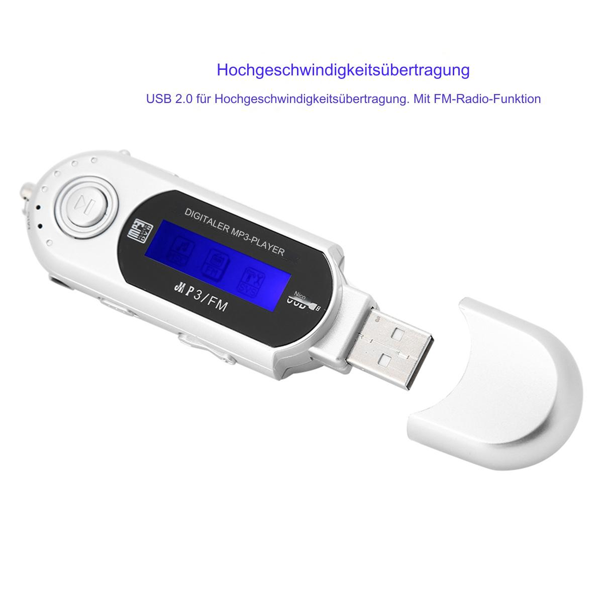 Ein weißer MP3-Player mit USB-Anschluss, der einen Bildschirm und Tasten zeigt.