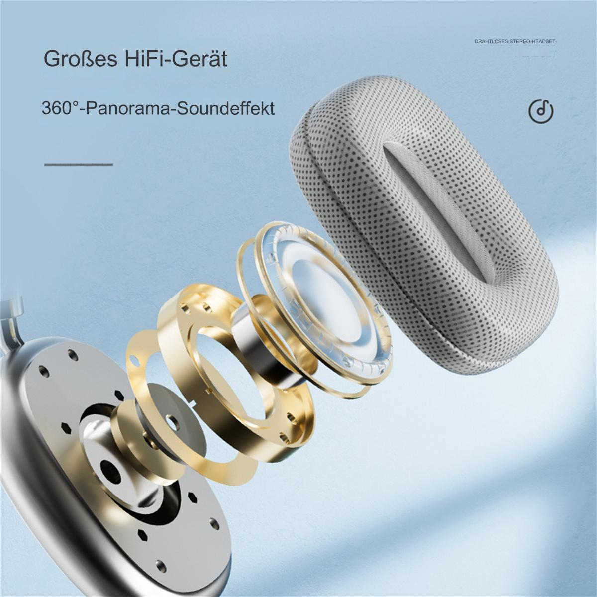 Explosionsansicht eines silber-goldenen HiFi-Kopfhörers, mit Details zum Soundeffekt.