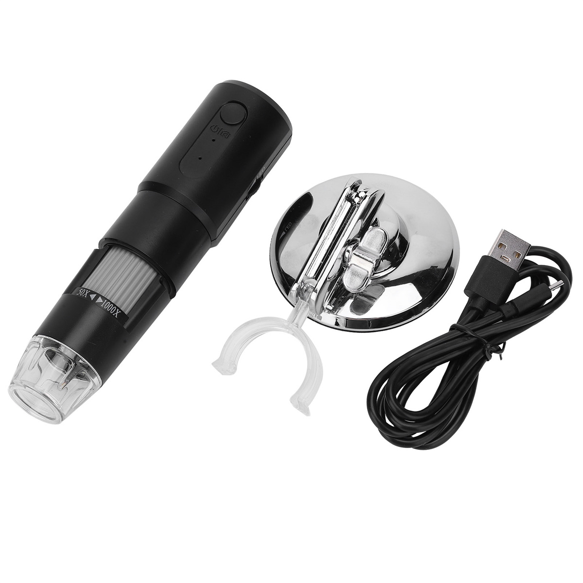 Schwarzes digitales Mikroskop mit Ständer und USB-Kabel auf weißer Oberfläche.