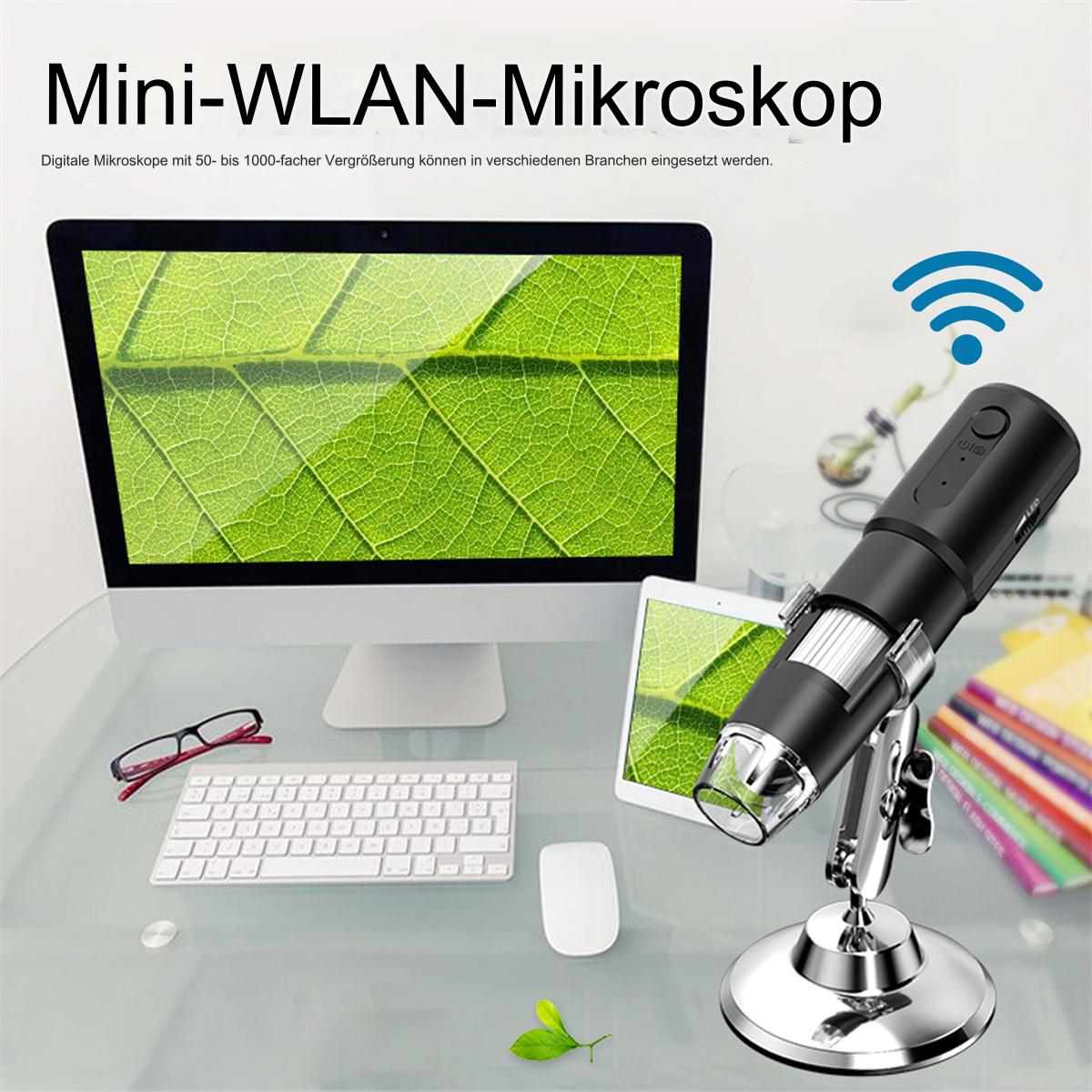 Ein Mini-WLAN-Mikroskop auf einem Schreibtisch. Ein Computer, Tablet und Brille sind im Hintergrund.