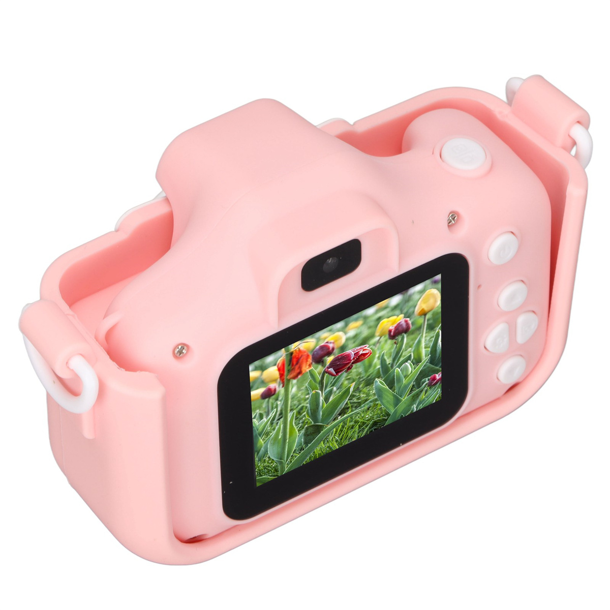Eine rosa Spielzeugkamera zeigt ein Bild von bunten Blumen. Weißer Hintergrund.