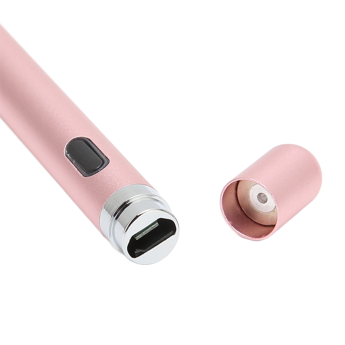 Rosa Stift mit USB-C-Anschluss und einer Kappe daneben. Nahaufnahme auf weißem Hintergrund.
