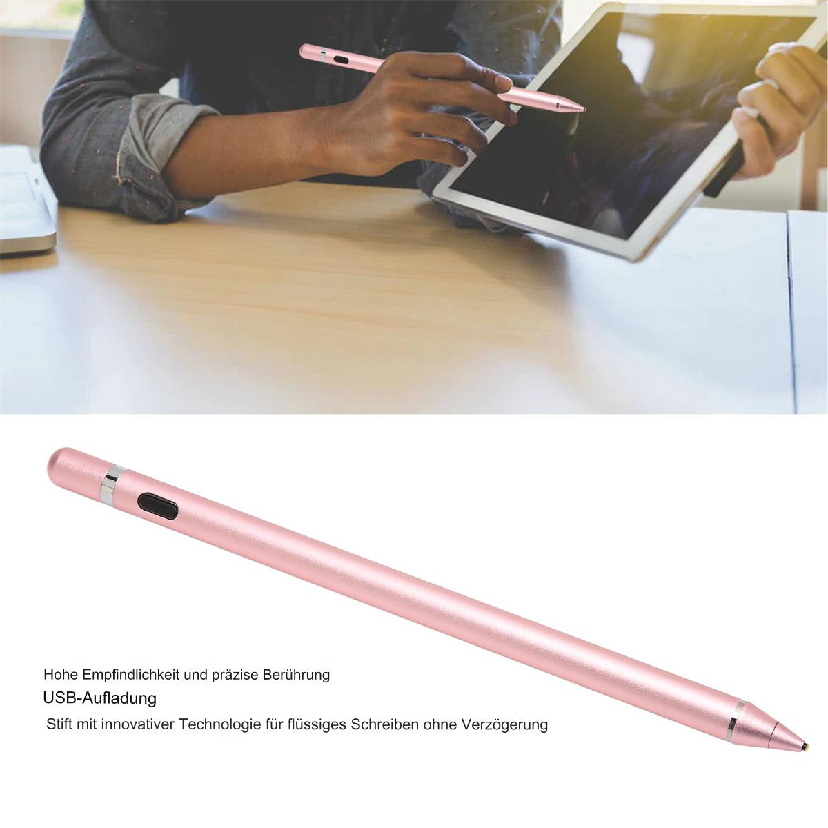 Ein roségoldener Stift auf einem Schreibtisch, der von einer Person gehalten wird. Der Text besagt, dass er hochsensibel ist und präzise berührt.