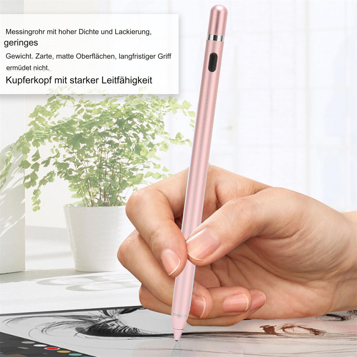 Rosa Stylus-Stift in der Hand, grüne Pflanzen im Hintergrund.