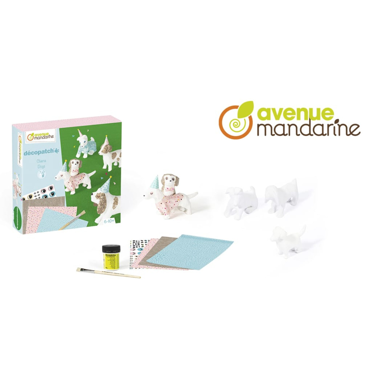 Avenue Mandarine Hunde-Dekorationsset. Enthält eine Box, Hundefiguren, Farbe und Dekorpapiere.
