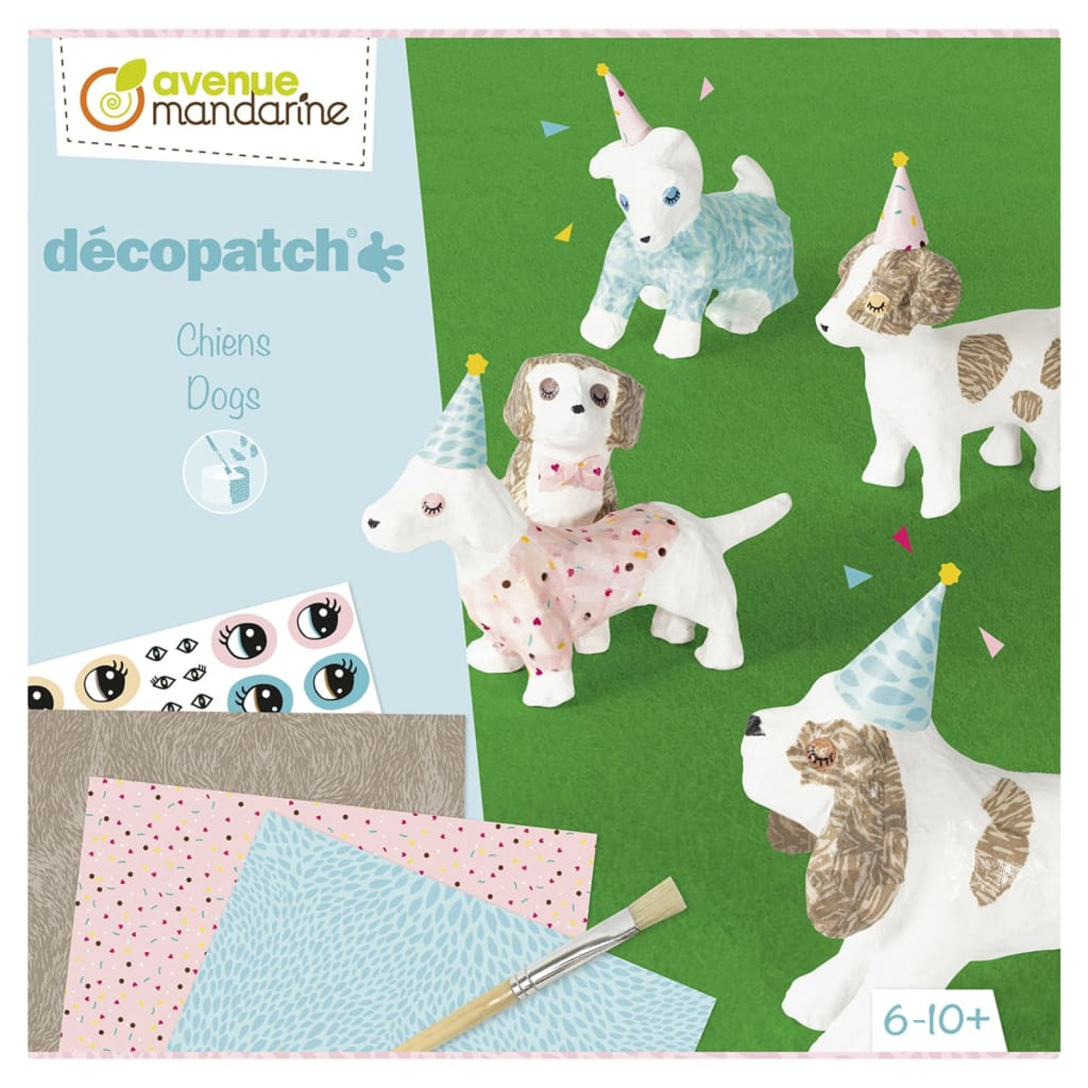 Bastelset mit Hundefiguren. Das Set enthält Papier, einen Pinsel und Figuren mit Partyhüten.
