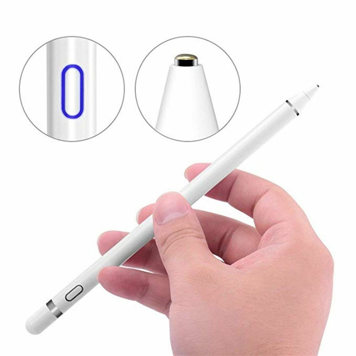 Ein weißer Eingabestift. Details der Spitze und des Endes mit Ladeanschluss sind ebenfalls abgebildet.
