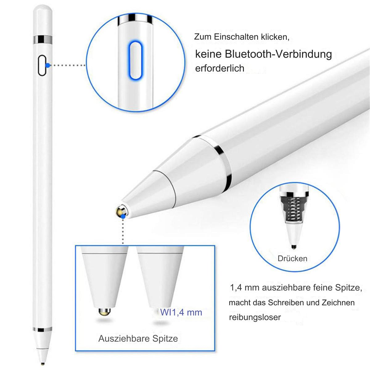 Ein weißer Eingabestift mit Details zu Spitze und Taste.