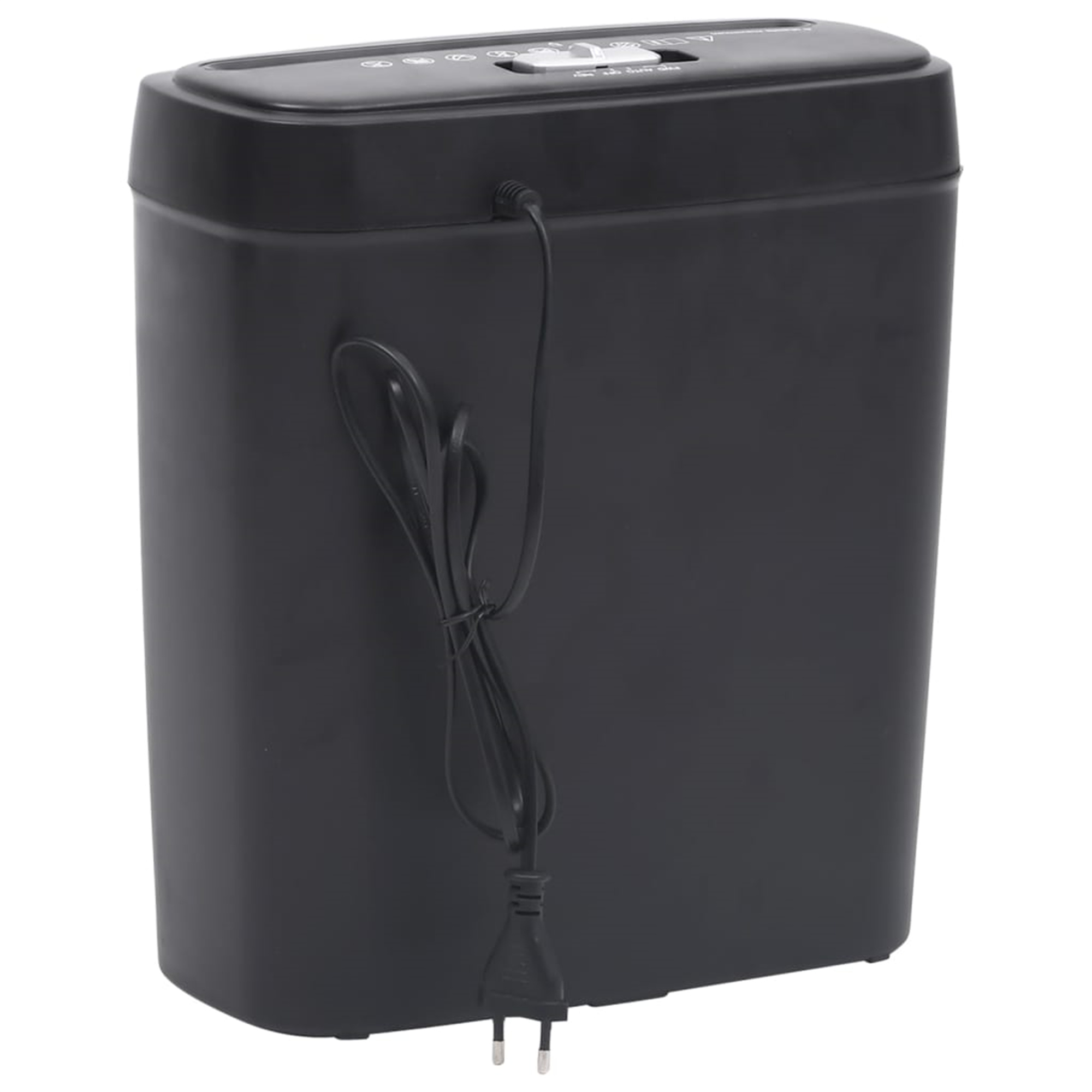 Ein schwarzer Aktenvernichter mit Netzkabel und europäischem Stecker.