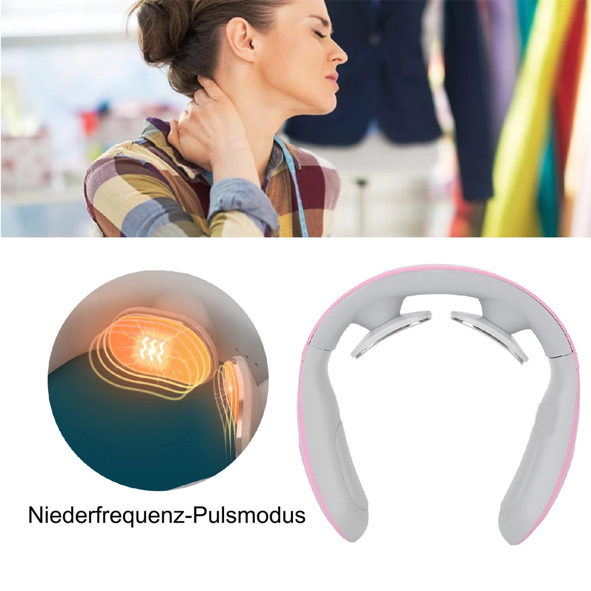 Frau berührt Hals, Nahaufnahme eines Nackenmassagegeräts mit Heizfunktion, graues und rosa Design.