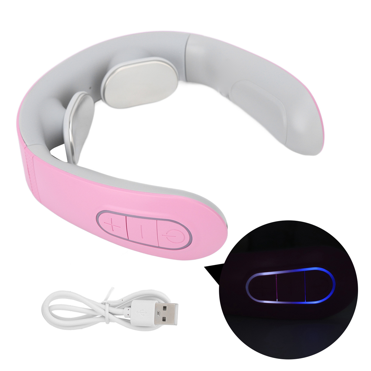 Ein pink-graues Nackenmassagegerät mit Knöpfen und Ladekabel. Ein blaues Licht ist sichtbar.