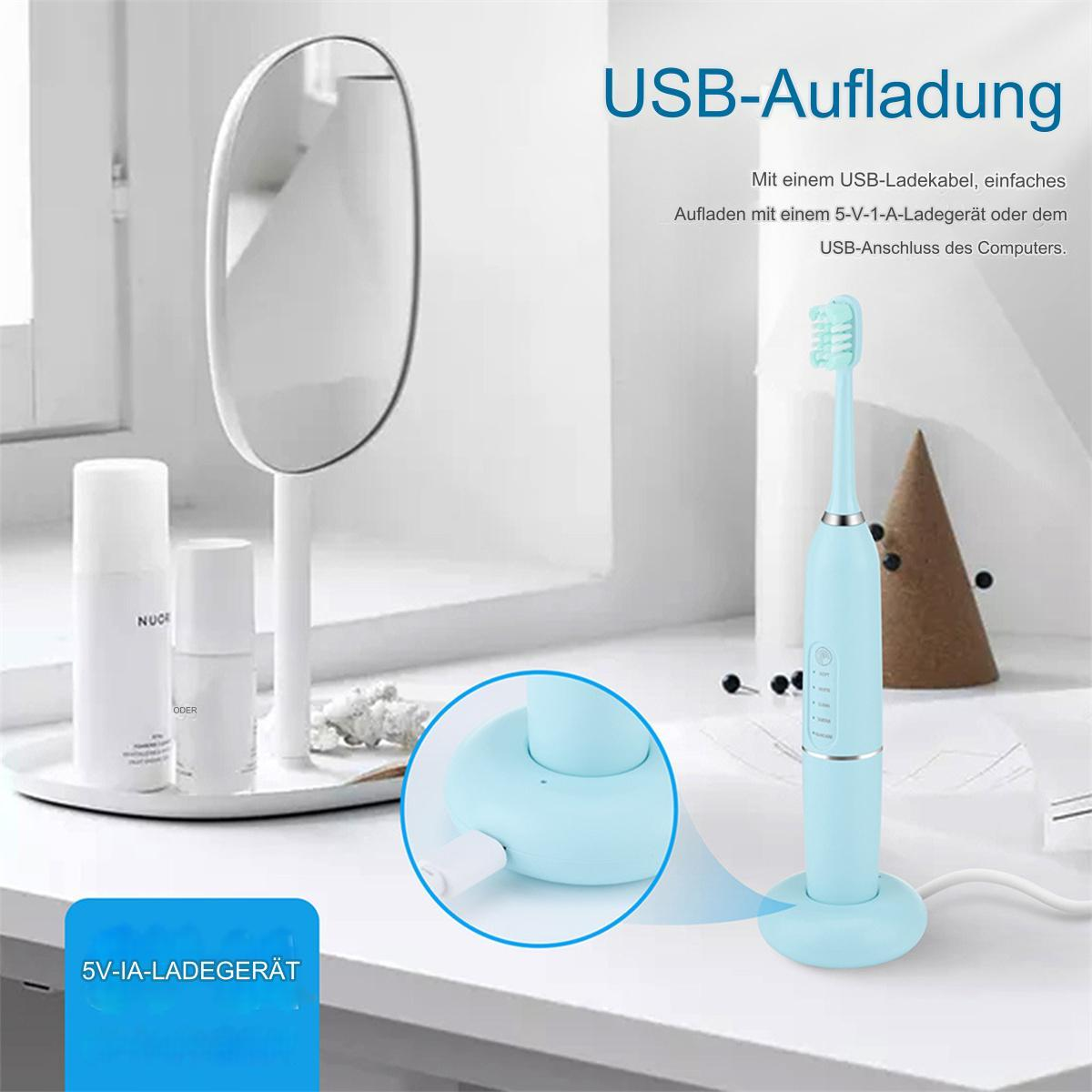 Blaue elektrische Zahnbürste mit Ladestation, Spiegel und Hautpflegeprodukten.