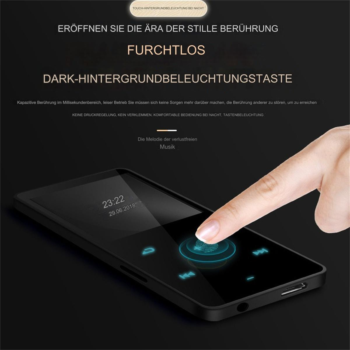 Hand berührt einen schwarzen Gerätebildschirm. Zeigt Zeit und Fingerabdrucksymbol. Schwarzes Gerät. Dunkler Hintergrund.