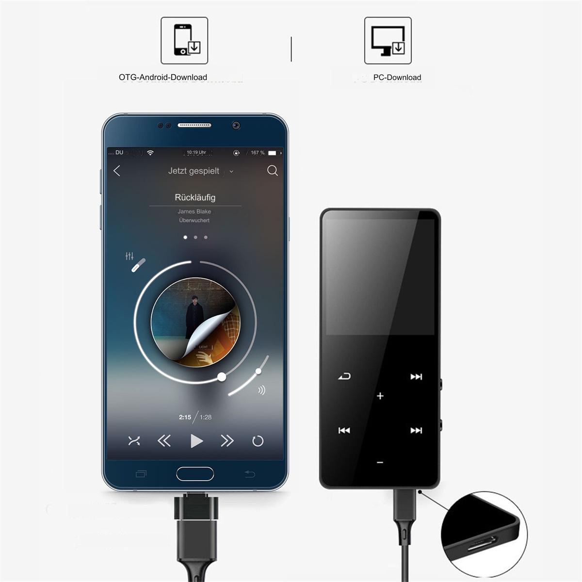 Smartphone mit Musikplayer, daneben ein schwarzer Musikplayer und Ladekabel.