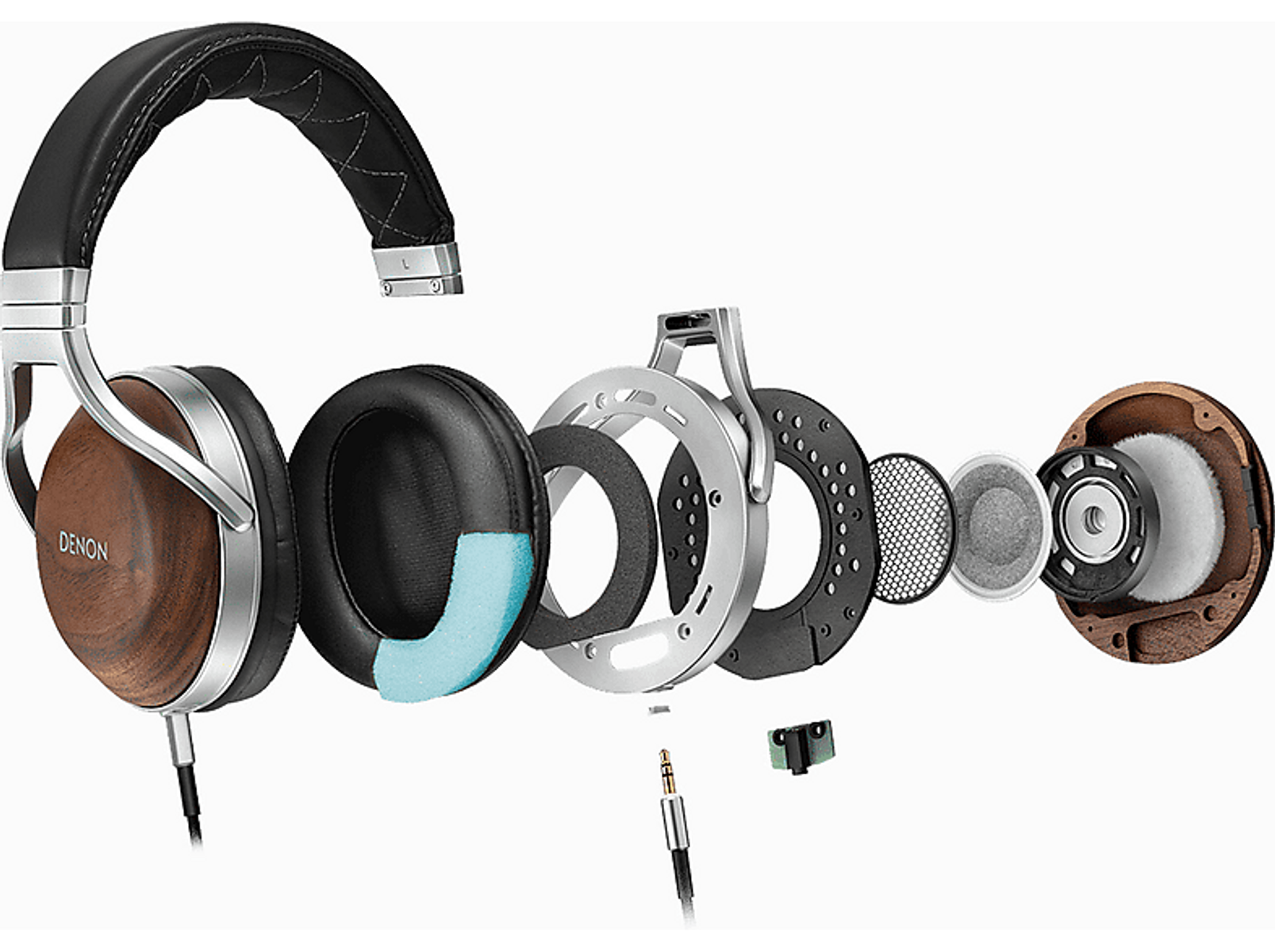 Widok rozłożony słuchawek Denon, pokazujący komponenty i wewnętrzną strukturę.