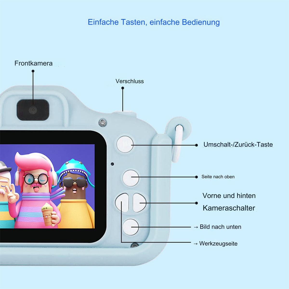 Blaue Kinderkamera mit Knöpfen und Beschriftungen. Enthält einen Bildschirm und Cartoon-Bilder.