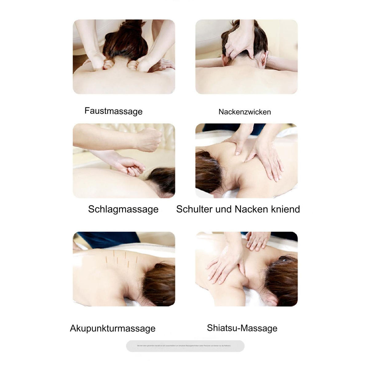 Sechs Bilder zeigen Rückenmassagetechniken: Faust, Nackenzwicken, Schlagen, Schulter, Akupunktur, Shiatsu.