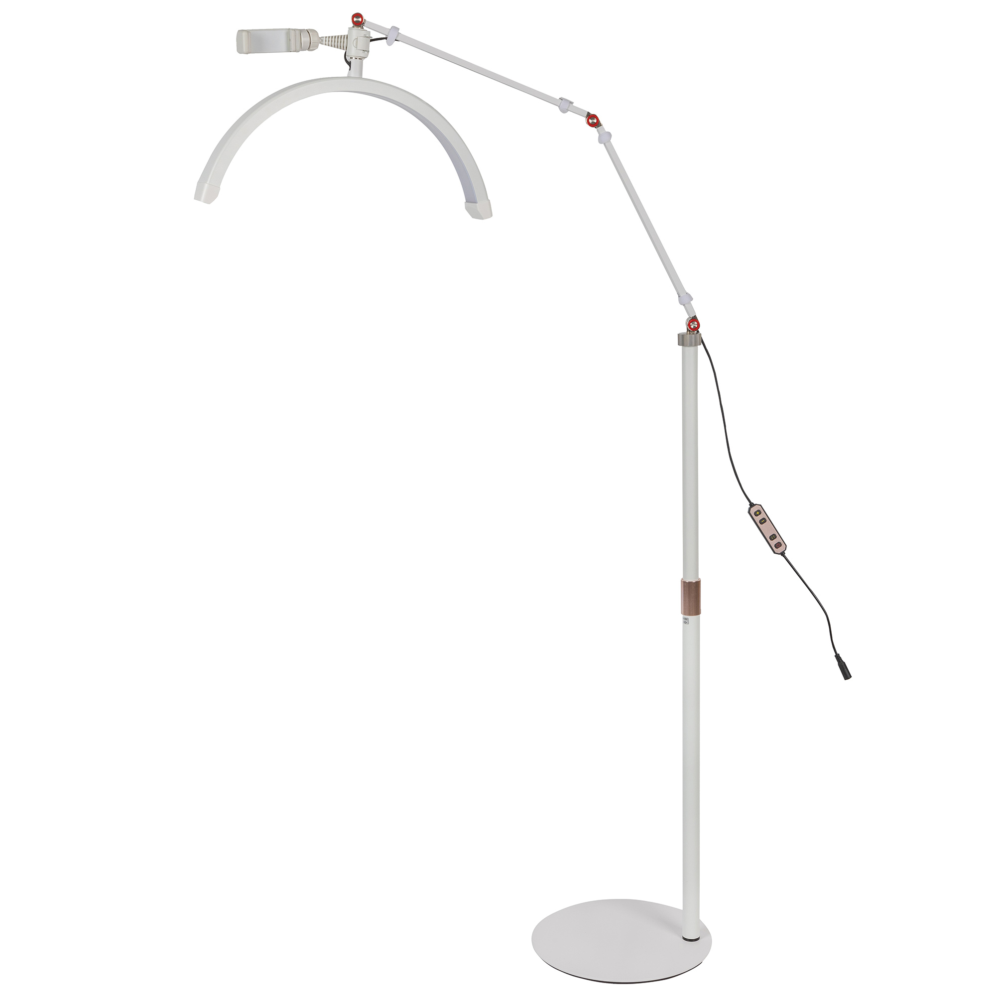 Eine weiße Bogenlampe auf weißem Sockel.