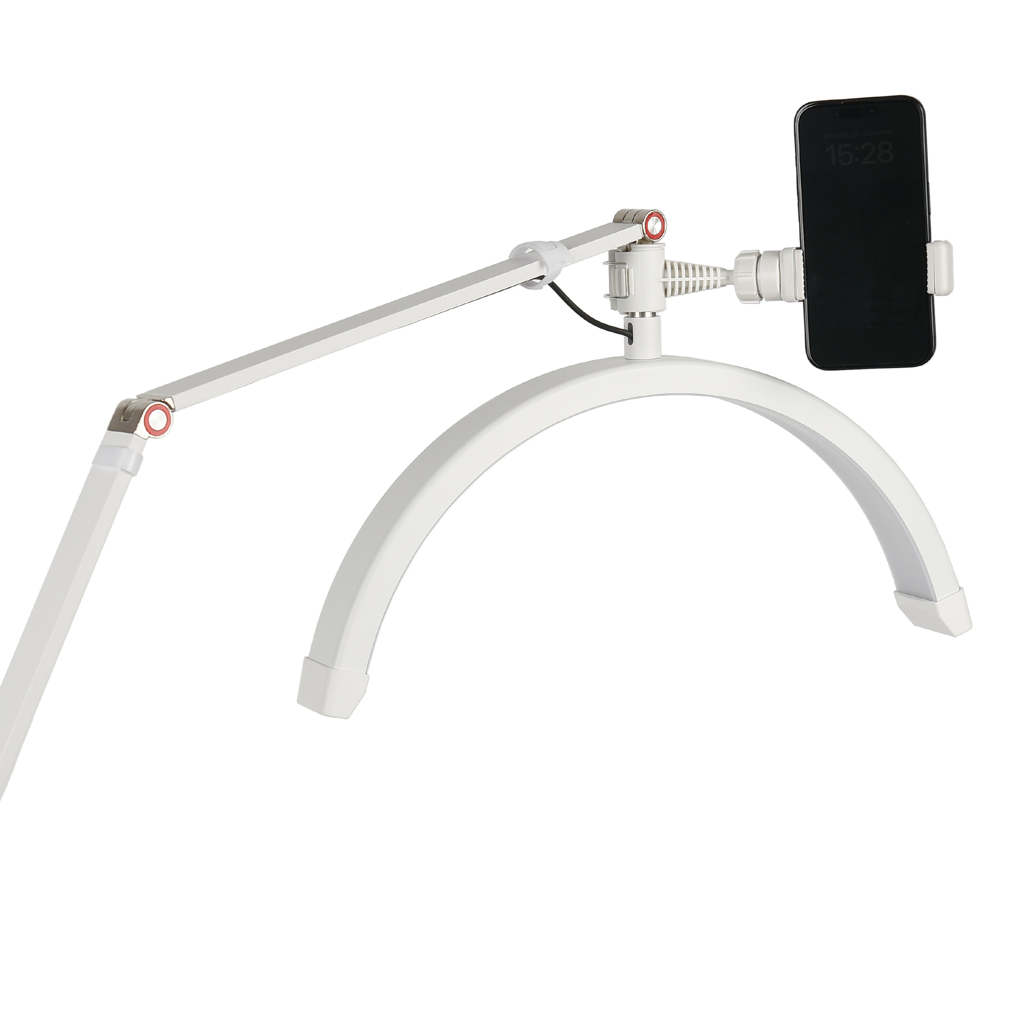 Weißer Telefonhalter mit gebogenem Sockel und befestigtem Telefon.