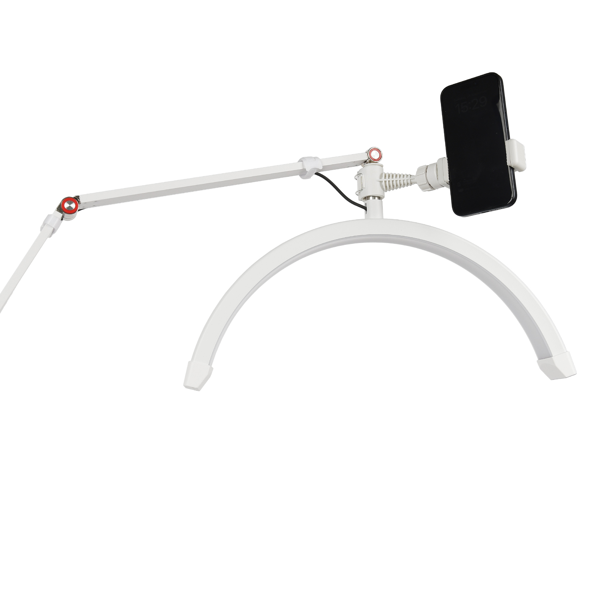 Weißer Telefonhalter mit Telefon. Er hat eine gebogene Basis und einen verstellbaren Arm. Der Hintergrund ist weiß.
