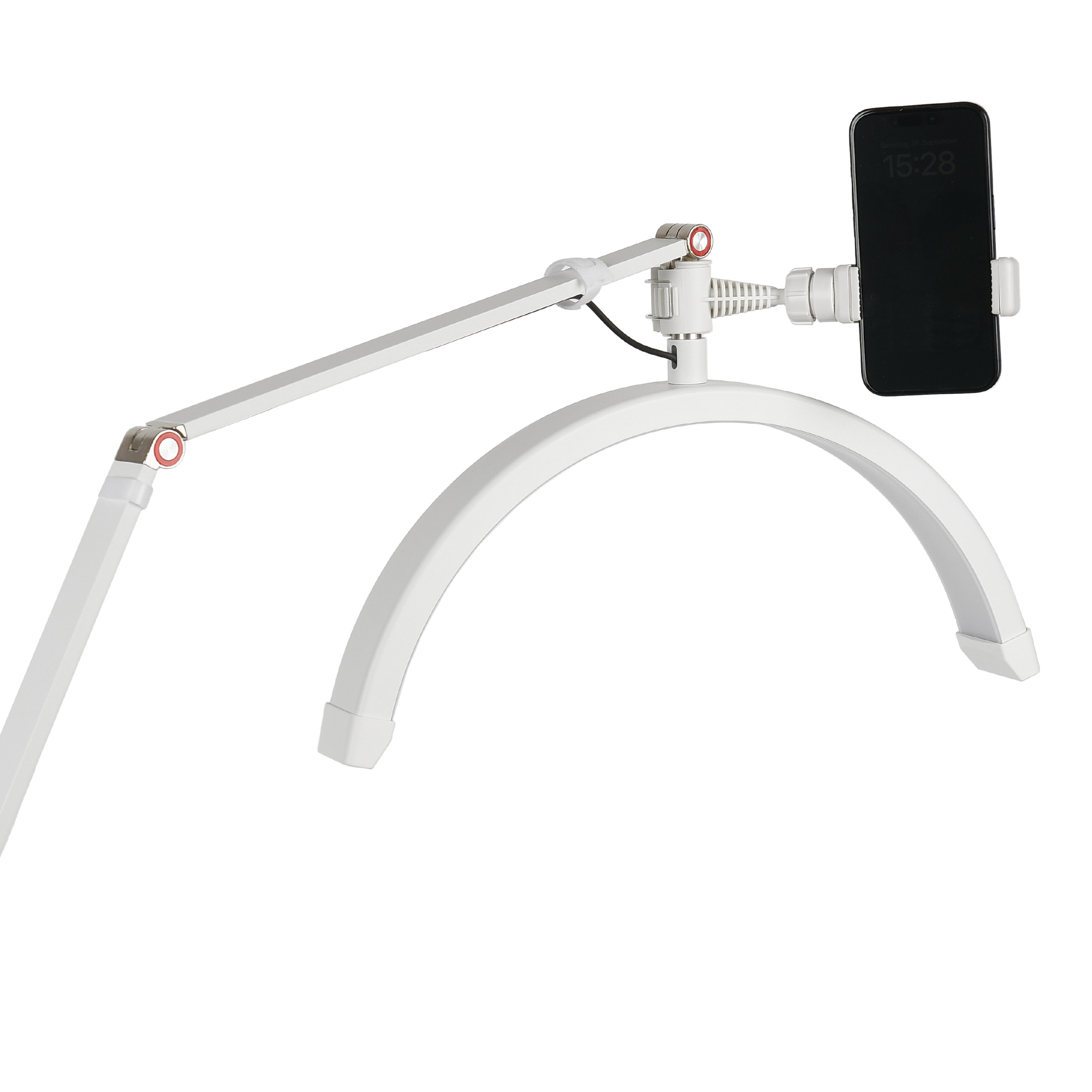 Weißer Telefonhalter mit gebogenem Arm, der ein schwarzes Smartphone hält.