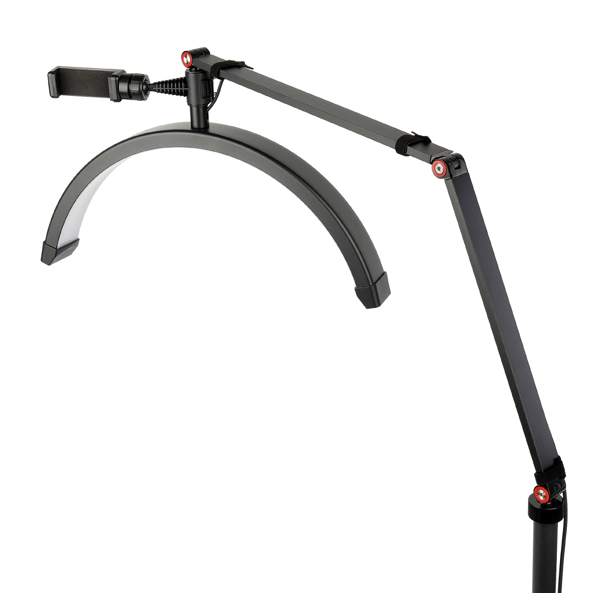 Schwarze bogenförmige Schreibtischlampe mit Telefonhalter und verstellbarem Arm. Rote Akzente an den Gelenken.