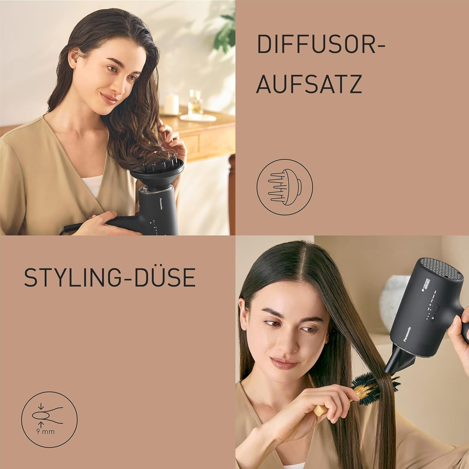 Eine Frau stylt ihr Haar mit einem schwarzen Haartrockner und präsentiert einen Diffusor und eine Stylingdüse.