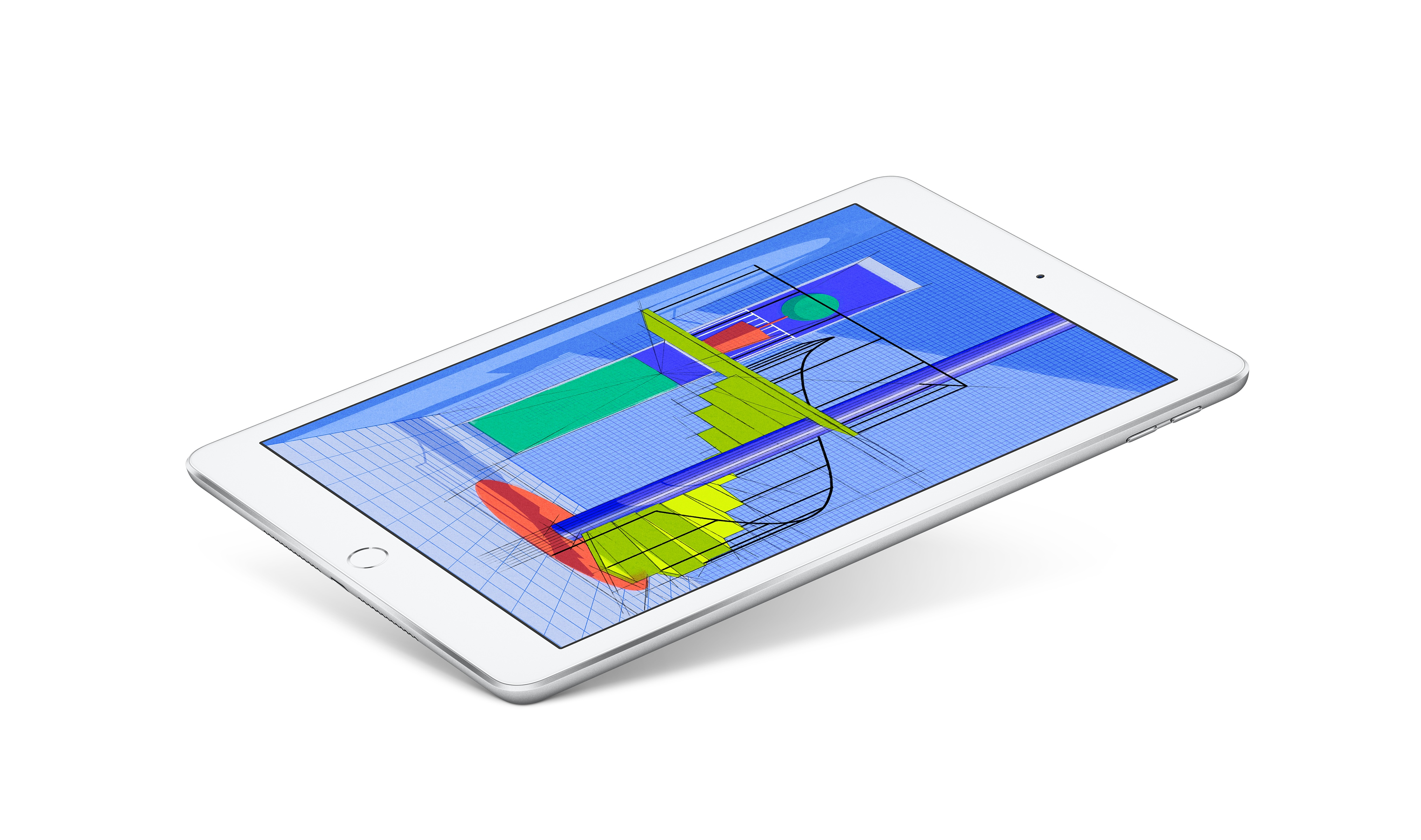Ein Tablet zeigt eine farbenfrohe technische Zeichnung. Tablet liegt schräg auf weißer Oberfläche.