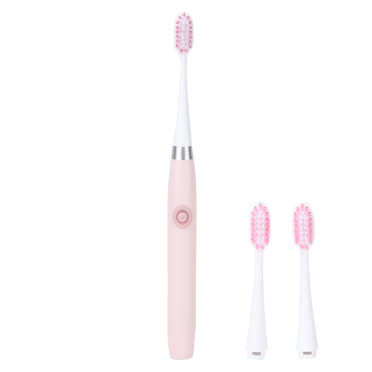 Eine rosa elektrische Zahnbürste mit zwei zusätzlichen Bürstenköpfen. Bürste und Köpfe sind weiß/rosa.