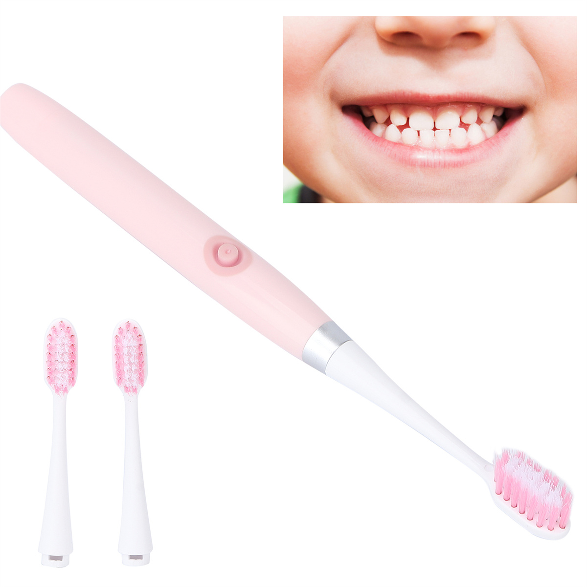 Elektrische Zahnbürste in Pink mit zwei Ersatzköpfen und einem Bild von Kinderzähnen.