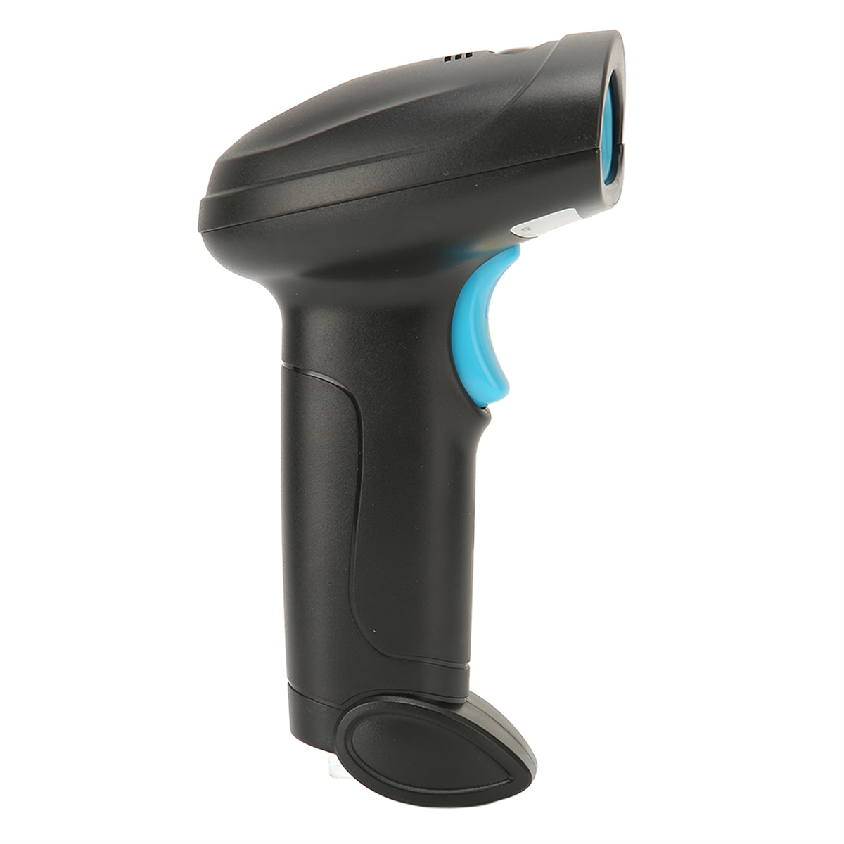 Schwarzer Barcodescanner mit blauem Auslöseknopf und geschwungenem Design.