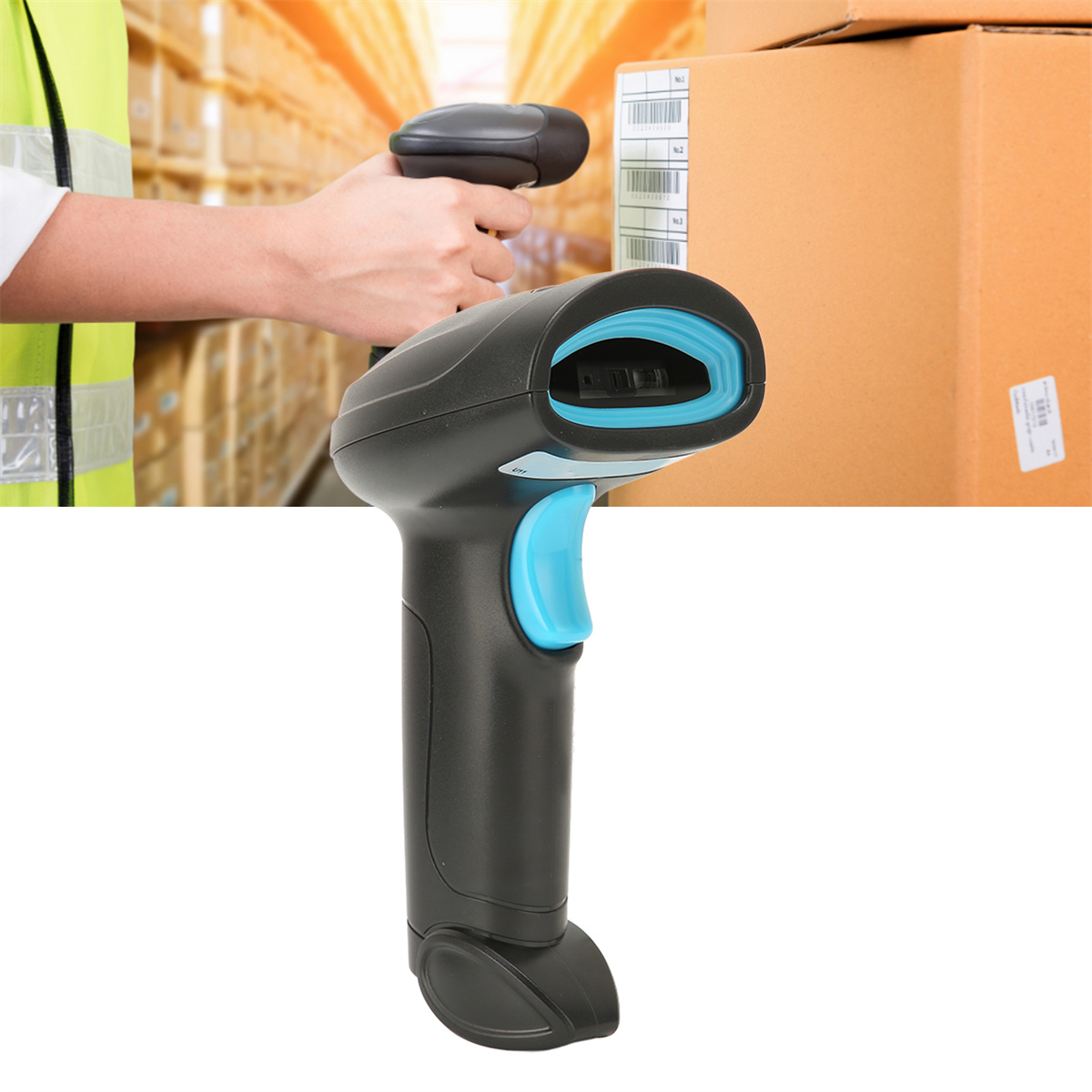 Ein Barcode-Scanner mit blauem Auslöser, der von einer Person in einem Lager verwendet wird. Isoliert auf Weiß.