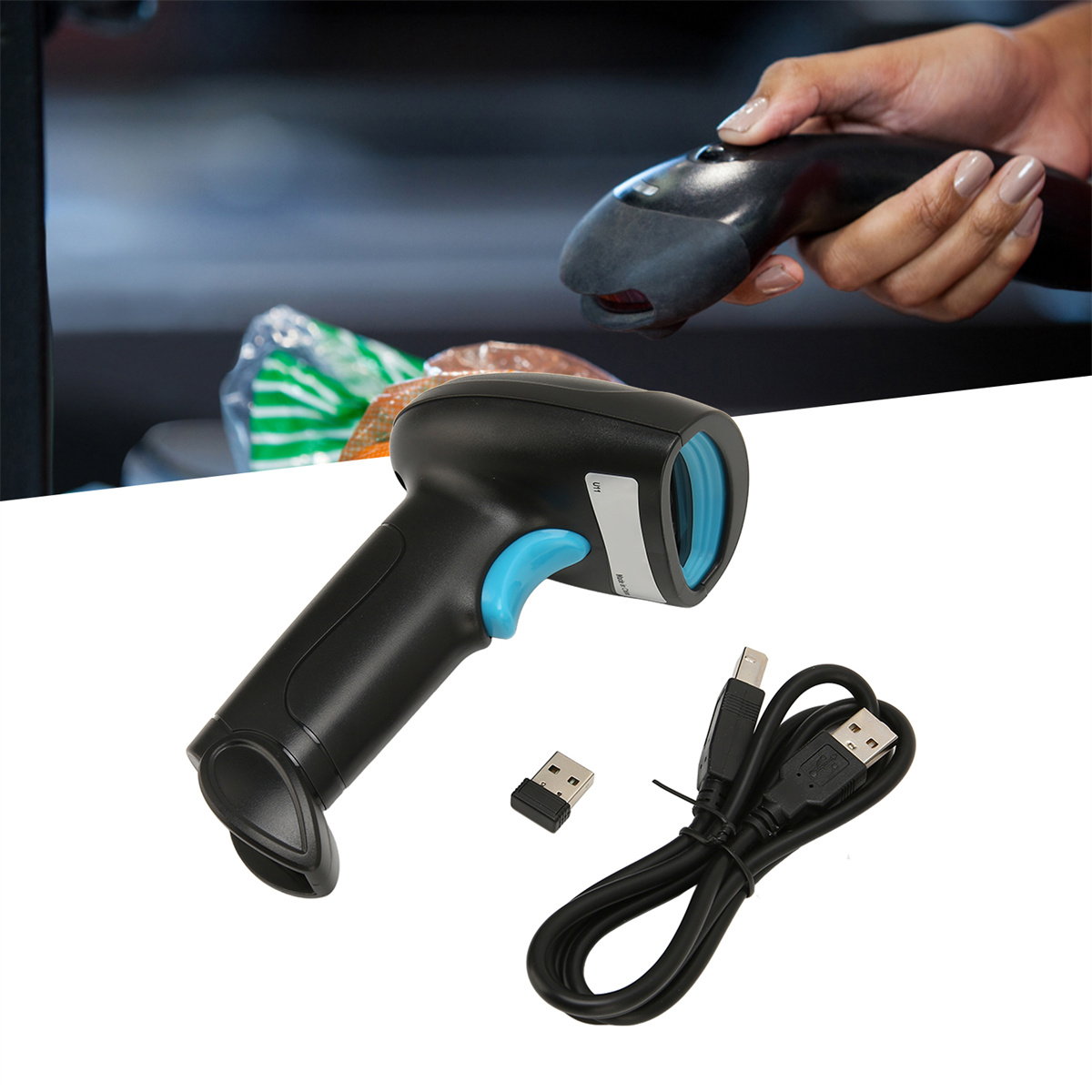 Hand hält Barcode-Scanner. USB-Kabel und USB-Empfänger. Schwarz und blau.