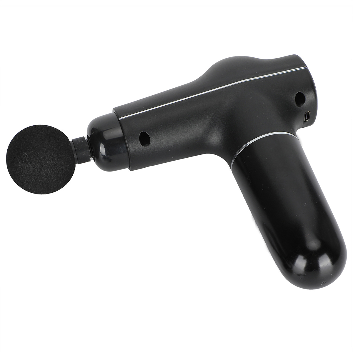 Eine schwarze Massagepistole mit rundem Kopf, isoliert auf weißem Hintergrund.