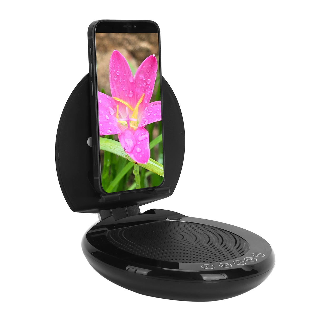 Schwarzer Telefonständer mit Telefon, das ein rosa Blumenbild zeigt.
