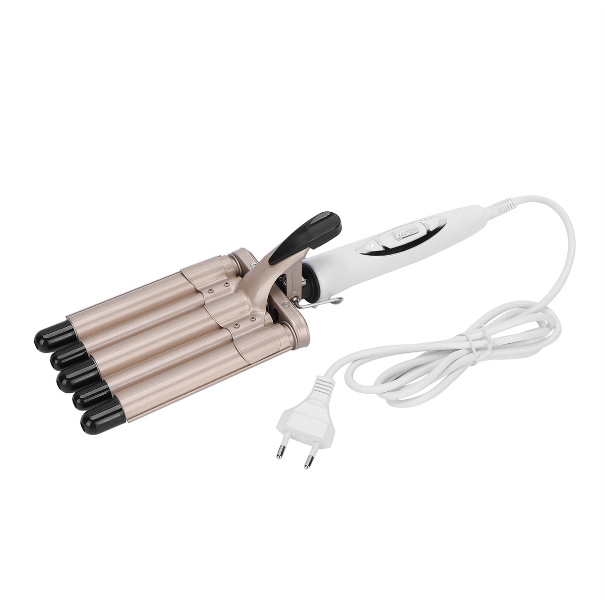 Ein Haarwellengerät mit mehreren beheizten Läufen, weißem Griff und Netzkabel, schräge Ansicht.