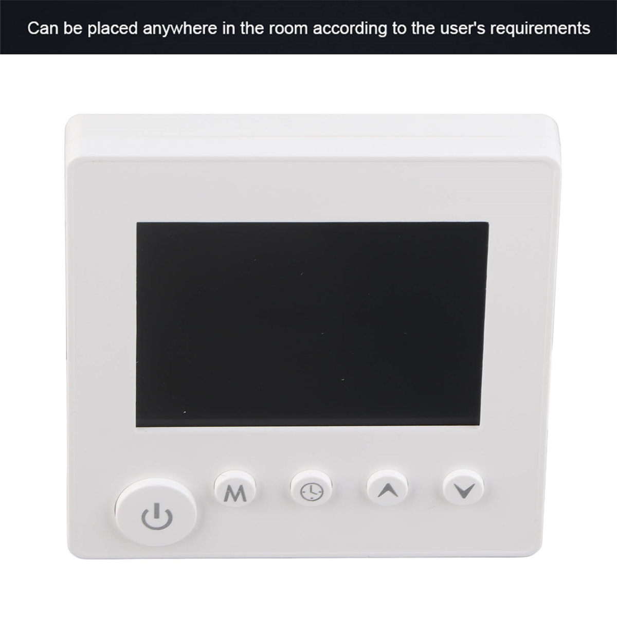 Weißer Thermostat mit schwarzem Bildschirm und Tasten. Kann überall im Raum platziert werden.