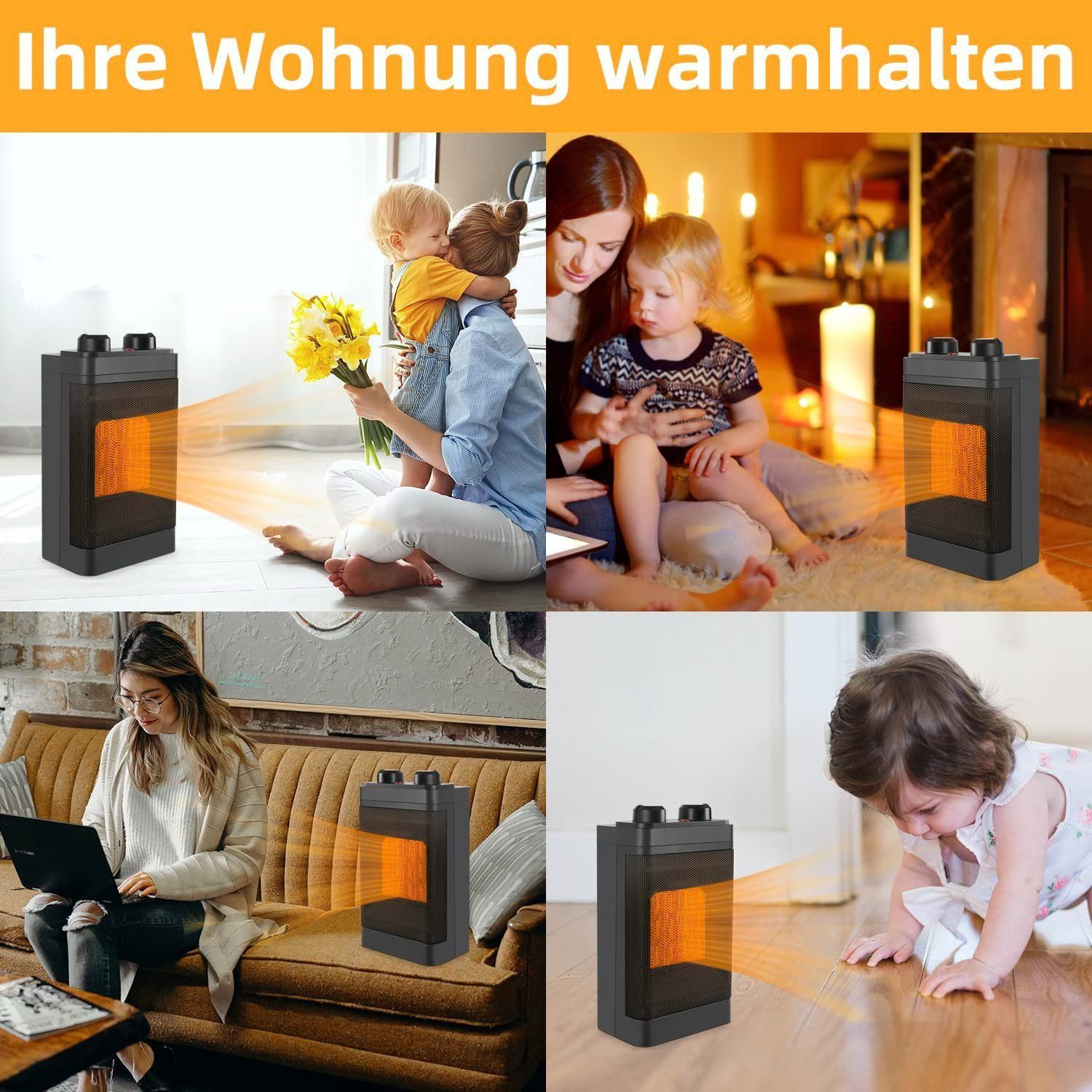 Grzejniki z pomarańczową poświatą, w pokoju z rodziną i pracującą kobietą. Tekst mówi: "Utrzymuj swój dom w cieple".