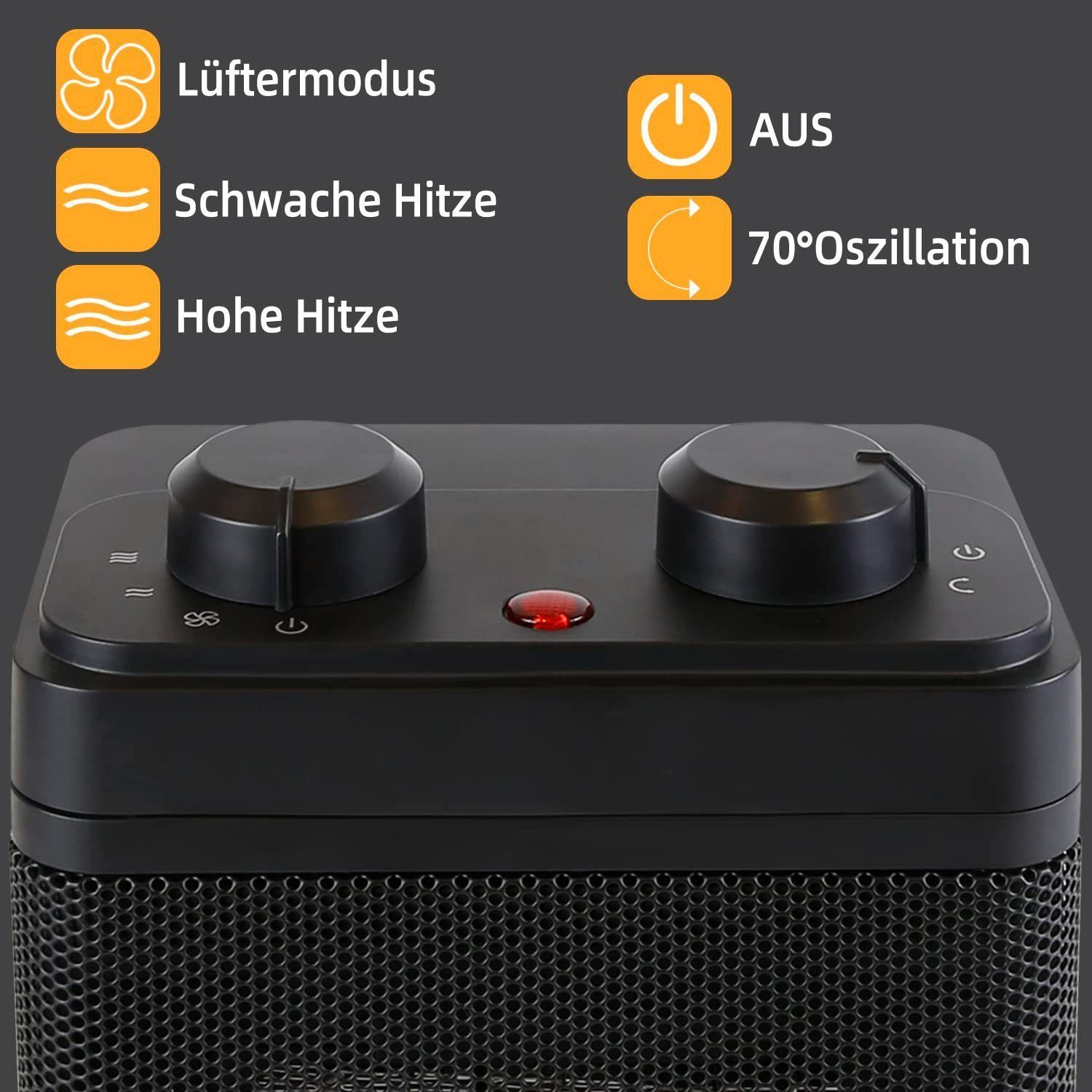 Czarny grzejnik z dwoma pokrętłami i czerwonym światłem. Grzejnik ma siatkowy przód i ikony.